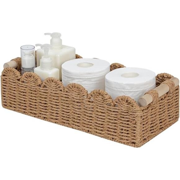 Neutral scalloped edge storage basket small woven bin for bathroom decor - Picture 7 of 7